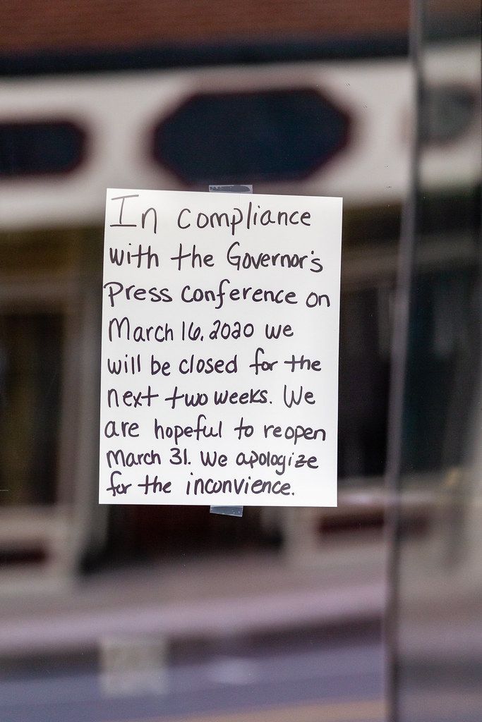 "Closed due to COVID-19" by weaverphoto is licensed under CC BY-NC-SA 2.0